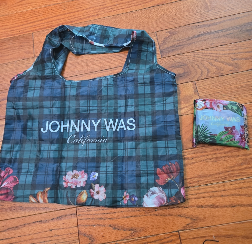 Johnny Was Foldable  Teal and Navy Plaid Tote with Floral Trim